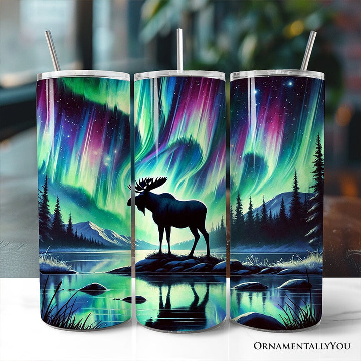 Majestic Moose Under Northern Lights 20oz Personalized Tumbler With Lid and Stainless Steel Straw, Enchanted Christmas Gift Cup Tumbler OrnamentallyYou Non-Customized 