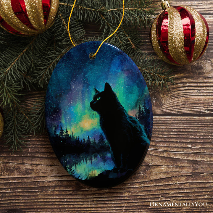 Mystic Aurora Cat Ceramic Ornament, Northern Lights Feline Gift and Tree Decor