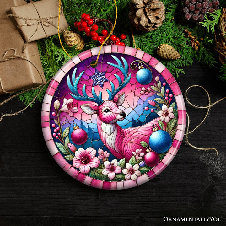 Mystical Yuletide Deer Pink Themed Ornament, Elegant Christmas Tree Decor Ceramic Ornament OrnamentallyYou 