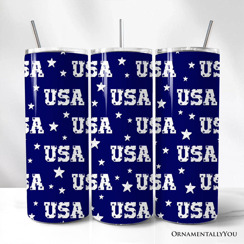 Navy USA Block Letters Pattern 20oz Personalized Tumbler With Lid and Stainless Steel Straw, Vintage Independence Day Patriotic Gift Cup