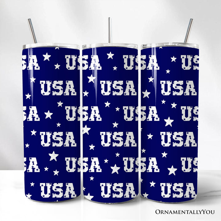 Navy USA Block Letters Pattern 20oz Personalized Tumbler With Lid and Stainless Steel Straw, Vintage Independence Day Patriotic Gift Cup