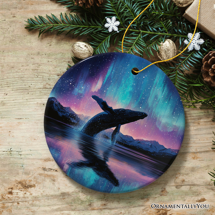 Ocean Aurora Whale Ceramic Ornament, Northern Lights Wildlife Gift and Tree Decor