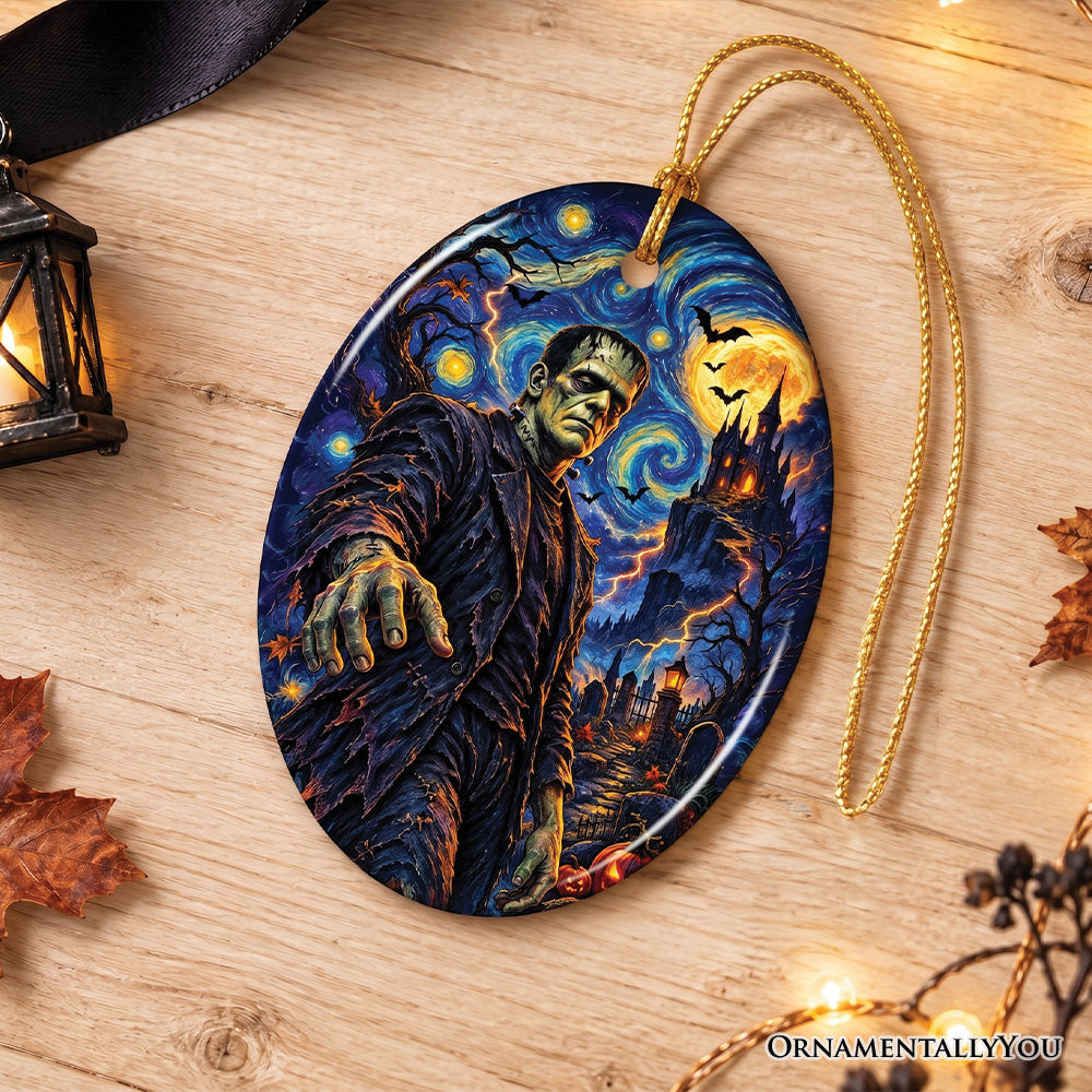 Frankenstein Starry Night Castle Oval Ornament, Classic Horror Monster Halloween Tree Decor