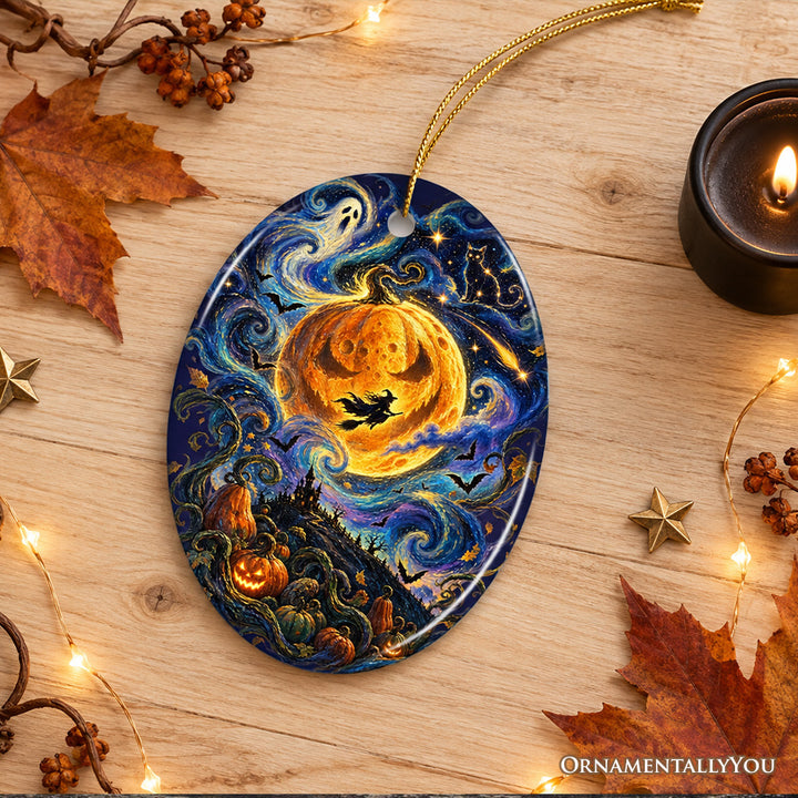 Spooky Starry Night Pumpkin Moon Ornament, Witch and Ghost Halloween Keepsake