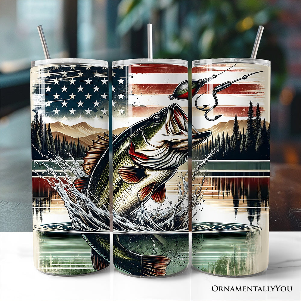 Patriotic Bass Fishing 20oz Personalized Tumbler With Lid and Stainless Steel Straw, Retro Angler Gift Cup Tumbler OrnamentallyYou Non-Customized 