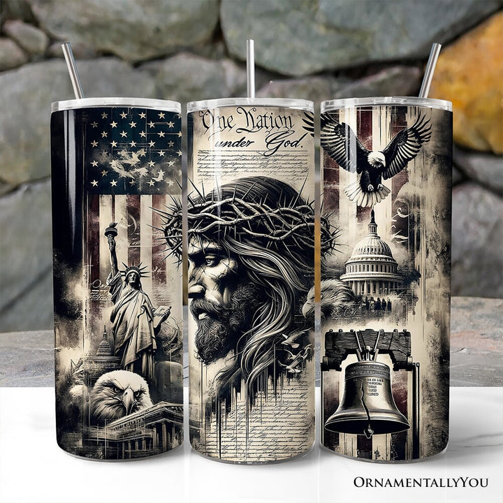 Patriotic Christian 20oz Personalized Tumbler With Lid and Stainless Steel Straw, One Nation Under God Gift Cup Tumbler OrnamentallyYou Non-Customized 