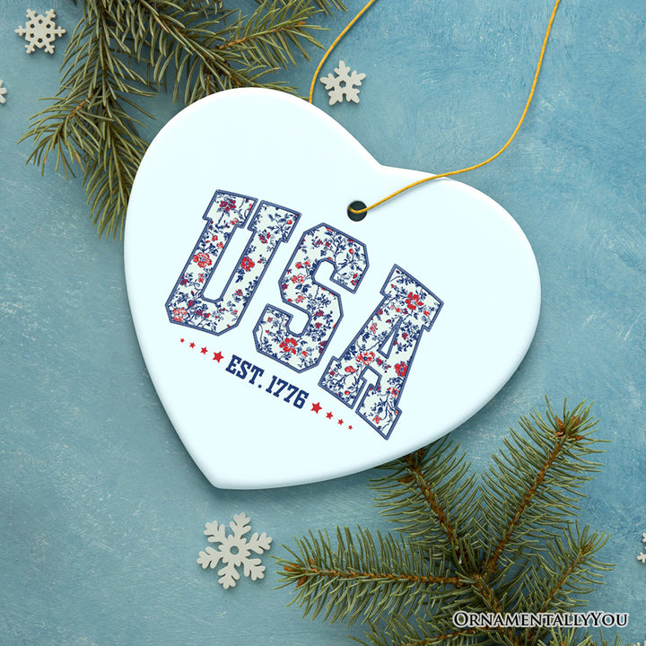 Patriotic USA Floral Ornament, 1776 Independence Day Christmas Gift and Tree Decor
