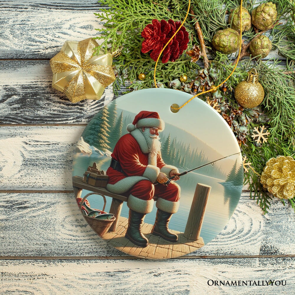 Peaceful Fishing Session with Santa Claus Christmas Ornament, Gift for Anglers Ceramic Ornament OrnamentallyYou 