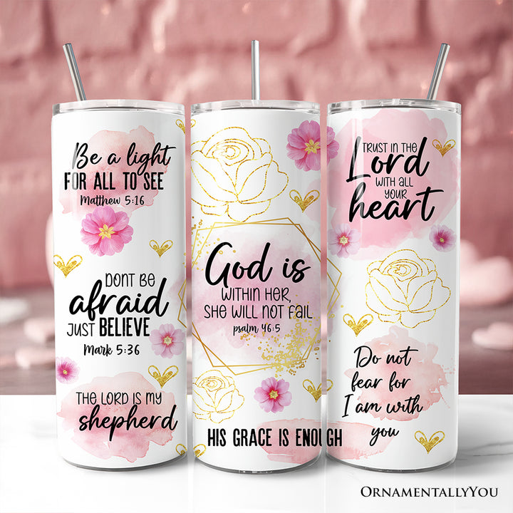 Pink Floral Bible Verses 20oz Personalized Tumbler With Lid and Stainless Steel Straw, Woman Christian Affirmation Gift Cup