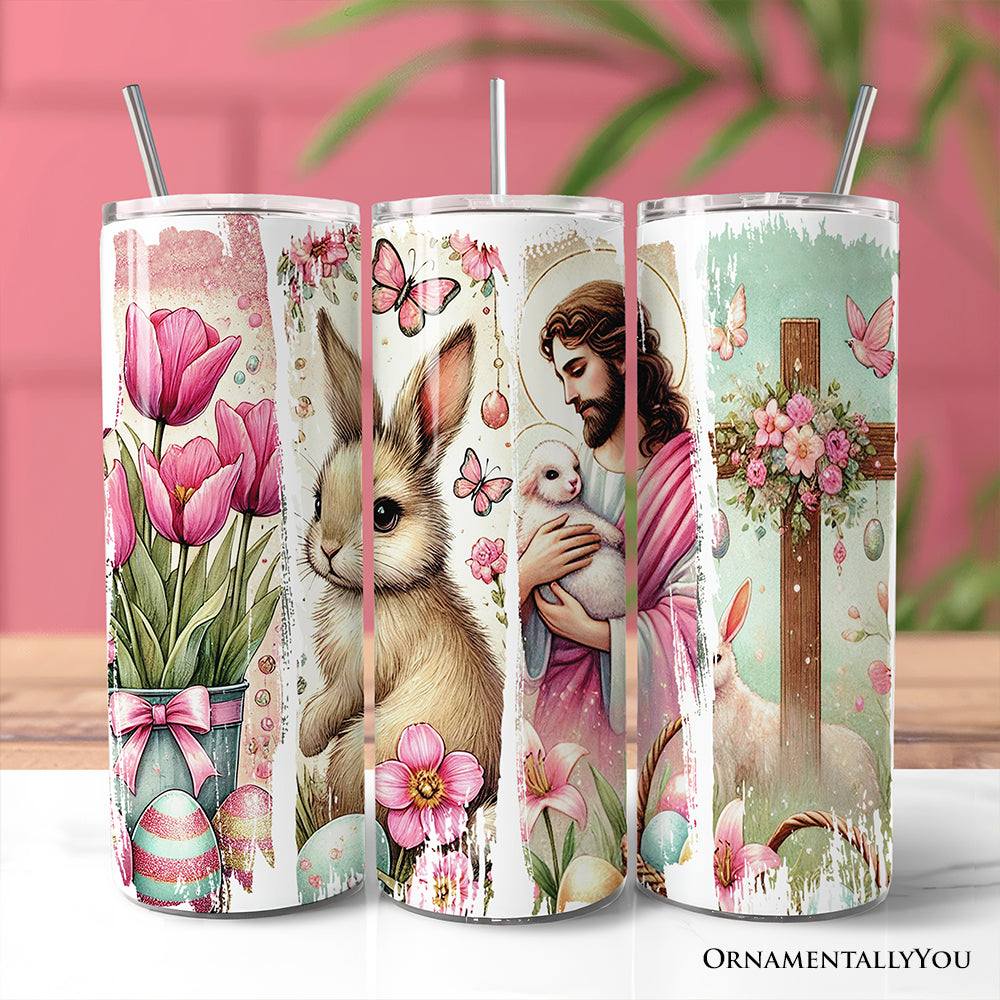 Pink Jesus and Bunny 20oz Personalized Tumbler With Lid and Stainless Steel Straw, Easter Brushstrokes Spring Gift Cup