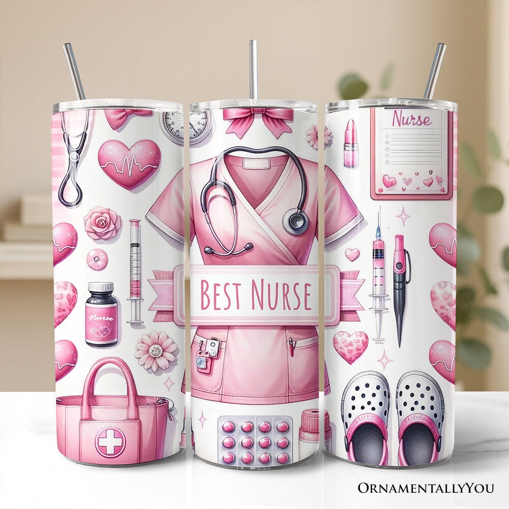 Pink Nurse Life 20oz Personalized Tumbler With Lid and Stainless Steel Straw, Medical Worker Appreciation Gift Cup Tumbler OrnamentallyYou Non-Customized 