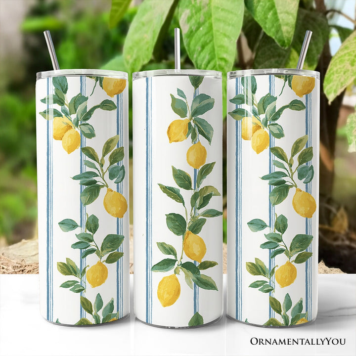 Refreshing Lemon Branches 20oz Personalized Tumbler With Lid and Stainless Steel Straw, Summer Citrus Pattern Gift Cup Tumbler OrnamentallyYou Non-Customized 