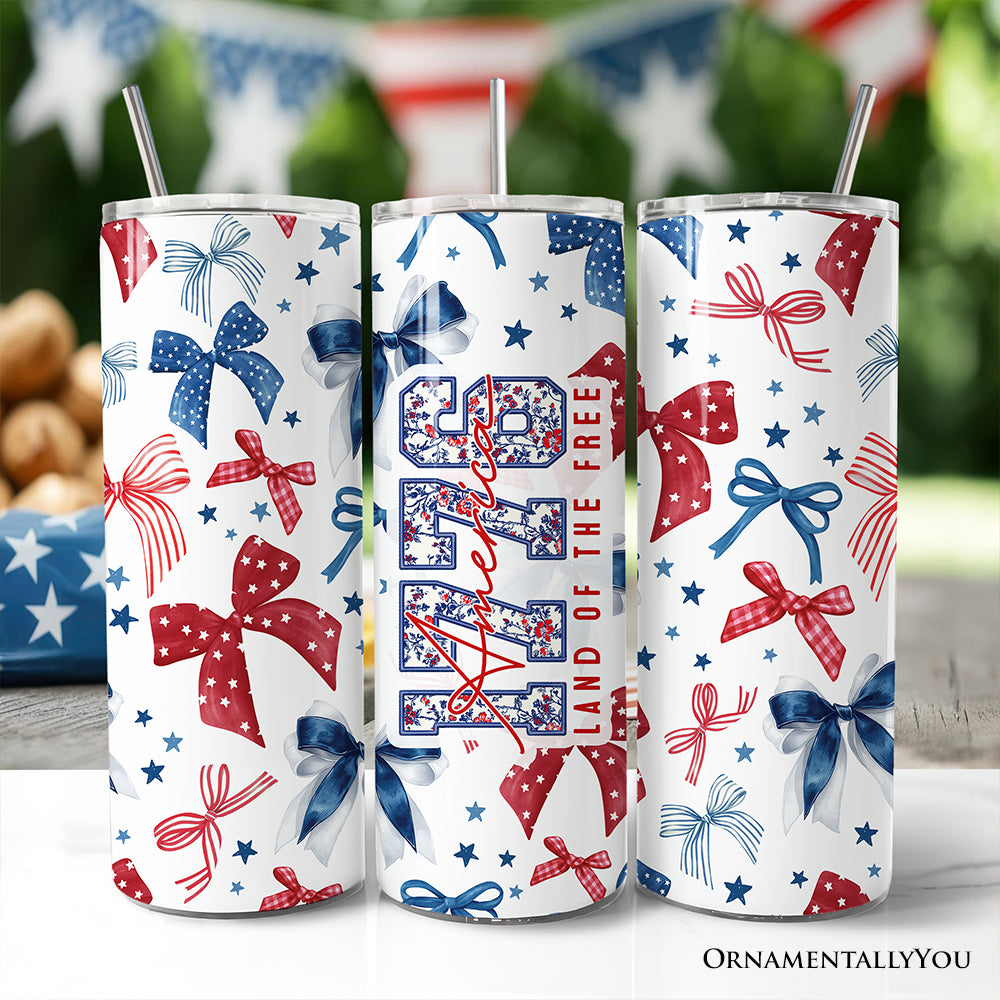 Retro Coquette America 1776 Floral 20oz Personalized Tumbler With Lid and Stainless Steel Straw, Land of the Free Patriotic Gift Cup