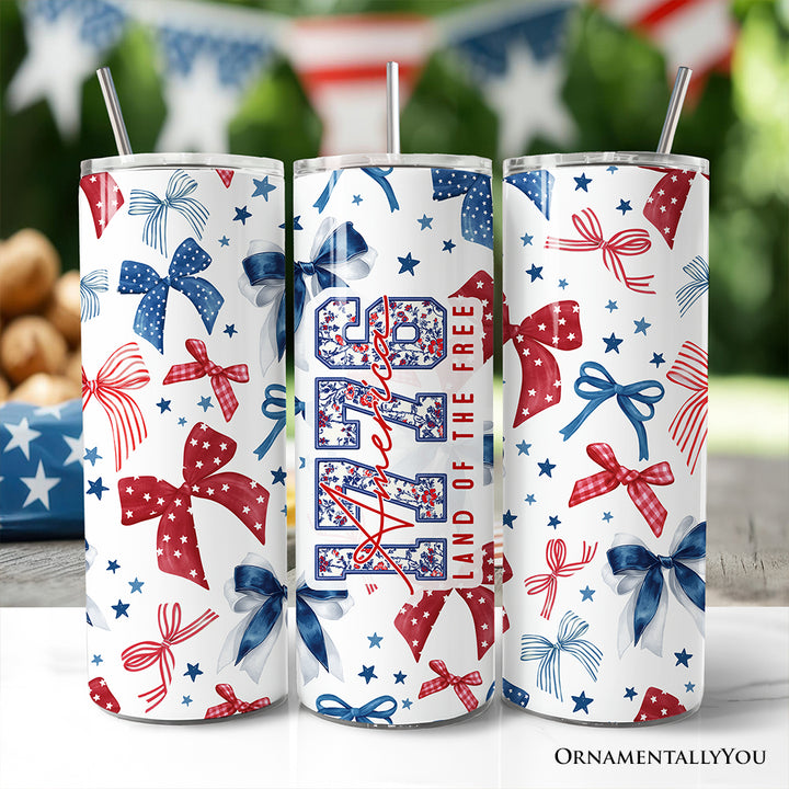 Retro Coquette America 1776 Floral 20oz Personalized Tumbler With Lid and Stainless Steel Straw, Land of the Free Patriotic Gift Cup