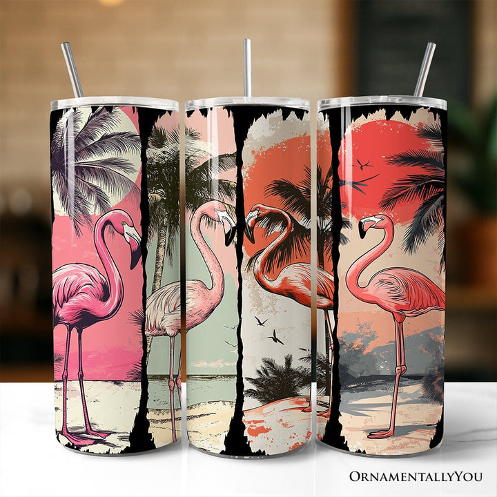 Retro Flamingo Beach 20oz Personalized Tumbler With Lid and Stainless Steel Straw, Summer Vacation Sunset Gift Cup Tumbler OrnamentallyYou Non-Customized 