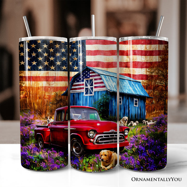 Rustic Old Red Truck and Country Barn 20oz Personalized Tumbler With Lid and Stainless Steel Straw, American Homeland Gift Cup