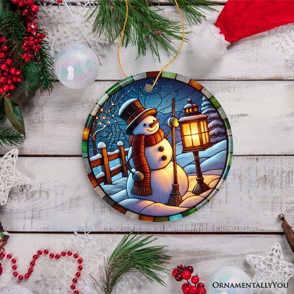 Serene Lantern Light Snowman with Top Hat Ornament, Gift for Joyful Winter Tranquility Decor Ceramic Ornament OrnamentallyYou 