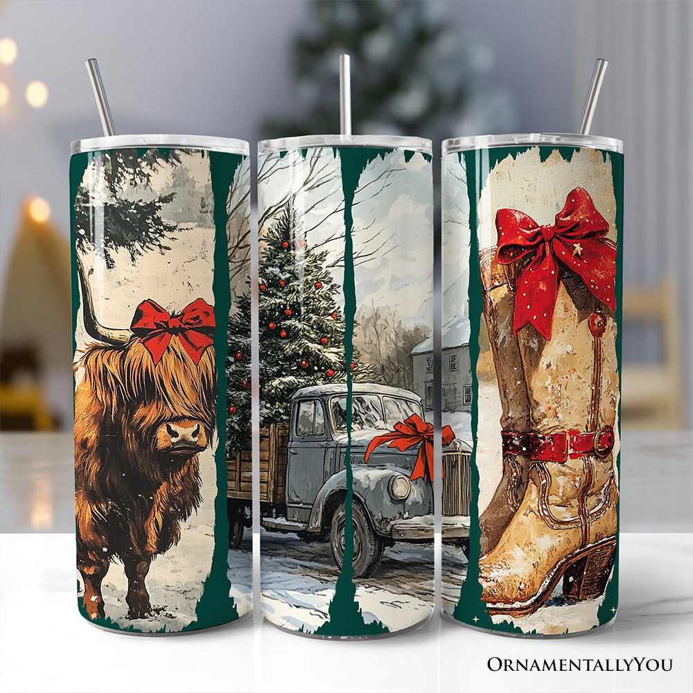 Small Town Christmas 20oz Personalized Tumbler With Lid and Stainless Steel Straw, Highland Cow Rustic Western Cowgirl Gift Cup