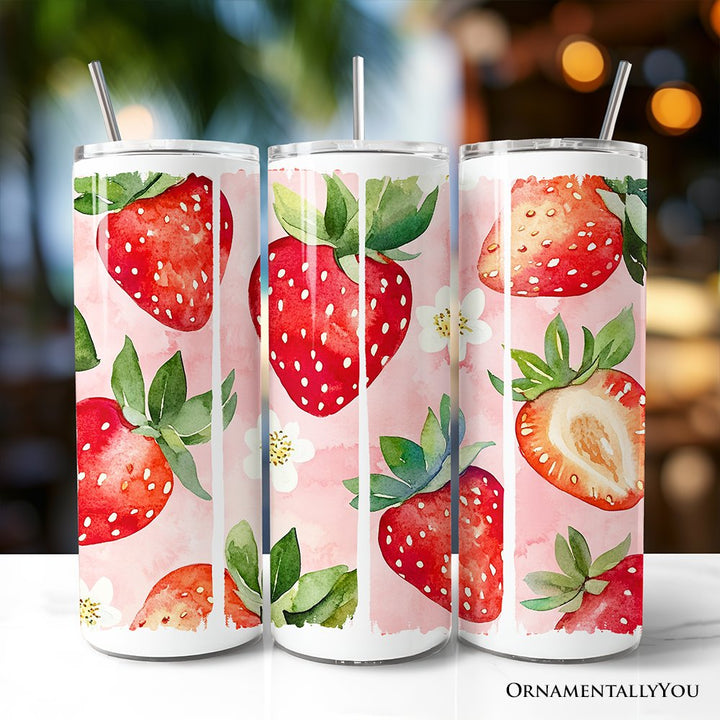 Strawberry Pattern 20oz Personalized Tumbler With Lid and Stainless Steel Straw, Summer Pink Girly Travel Mug Gift Tumbler OrnamentallyYou Non-Customized 