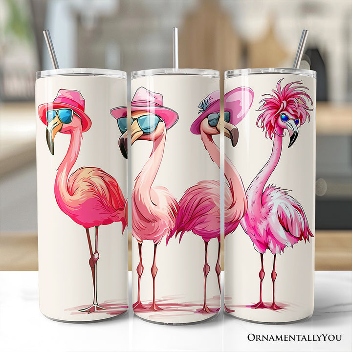 Stylish Summer Flamingo 20oz Personalized Tumbler With Lid and Stainless Steel Straw, Retro Tropical Birds Gift Cup