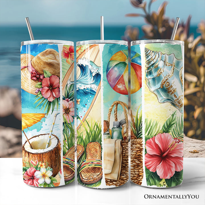 Summer Vibes 20oz Personalized Tumbler With Lid and Stainless Steel Straw, Brushstrokes Beach with Coconut and Flowers Gift Cup