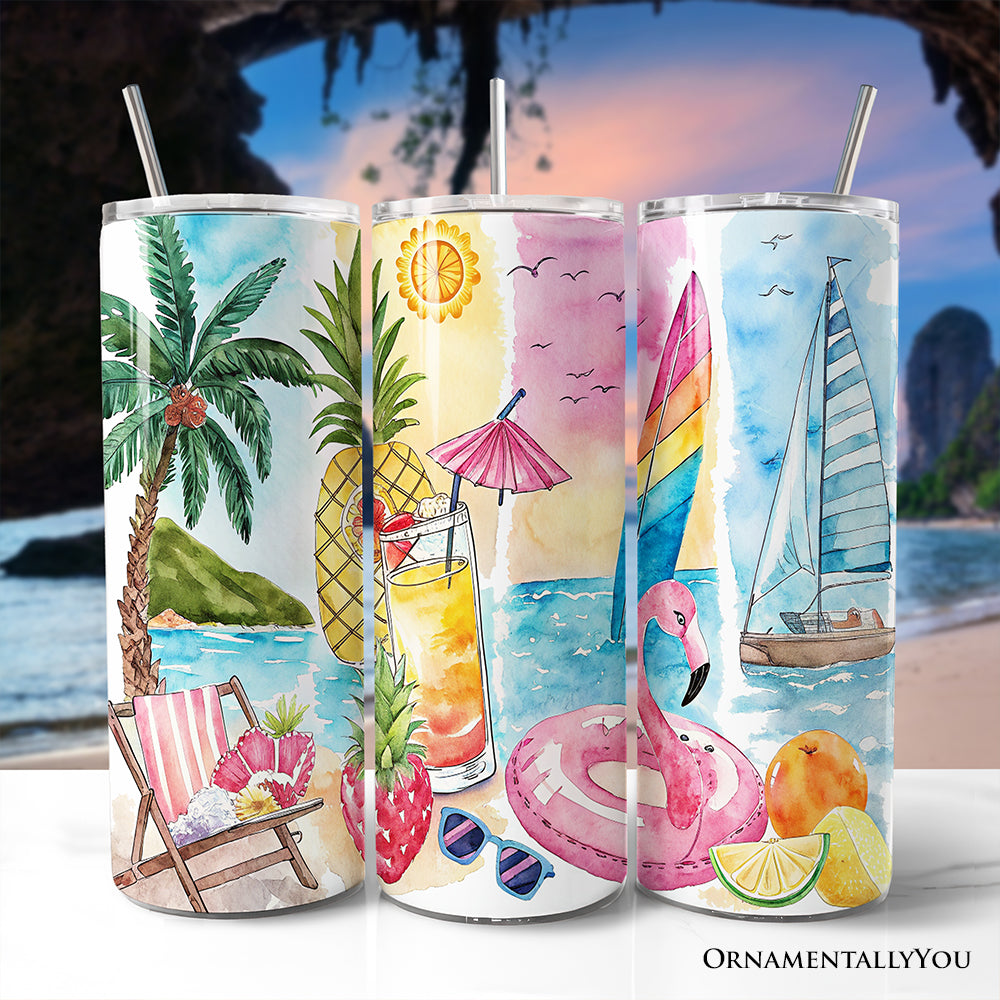 Summer Vibes 20oz Personalized Tumbler With Lid and Stainless Steel Straw, Brushstrokes Vacation Beach Gift Cup