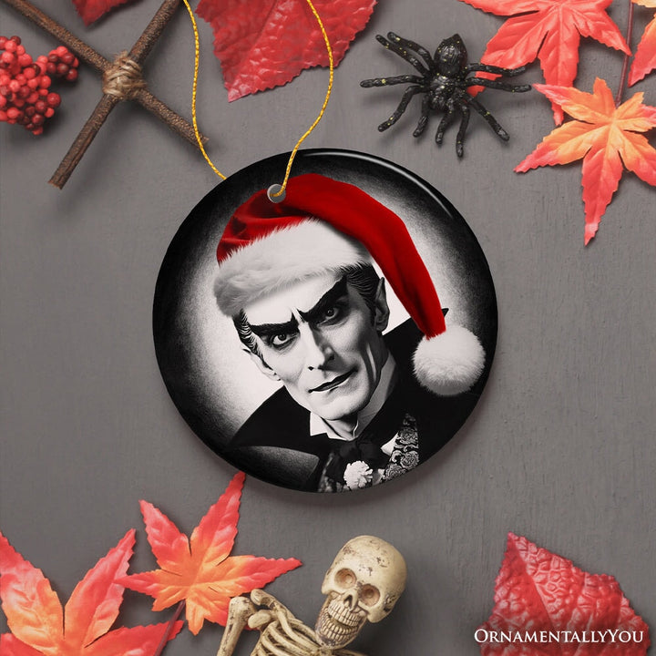 Vintage Dracula with a Santa Hat Ceramic Ornament, Horror Themed Christmas Decor for Halloween Tree Ceramic Ornament OrnamentallyYou 