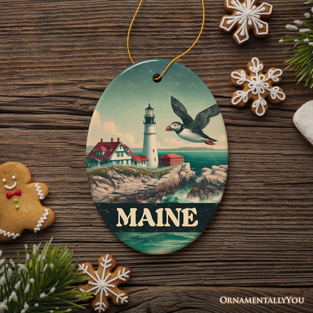 Vintage Maine Lighthouse and Puffin Ornament, New England Coastal Christmas Gift and Seaside Souvenir Ceramic Ornament OrnamentallyYou 
