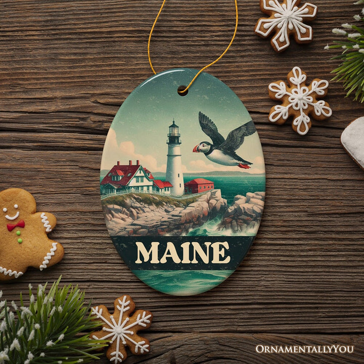 Vintage Maine Lighthouse and Puffin Ornament, New England Coastal Christmas Gift and Seaside Souvenir Ceramic Ornament OrnamentallyYou 