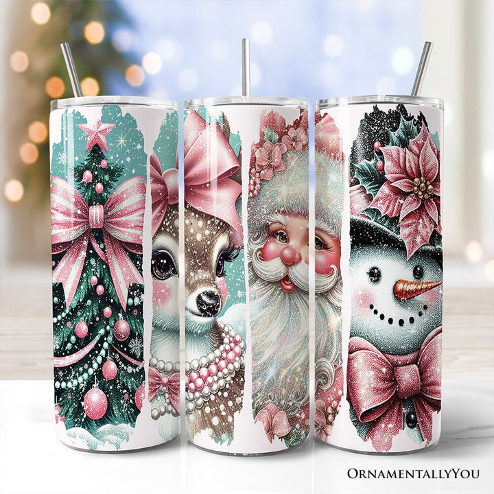 Vintage Tree, Reindeer, Santa and Snowman 20oz Personalized Tumbler With Lid and Stainless Steel Straw, Coquette Pink Christmas Gift Cup Tumbler OrnamentallyYou Non-Customized 