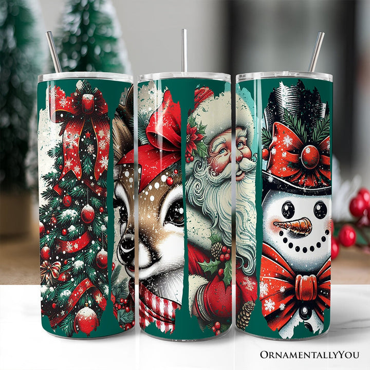 Vintage Tree, Reindeer, Santa and Snowman 20oz Personalized Tumbler With Lid and Stainless Steel Straw, Green Christmas Brushstrokes Gift Cup Tumbler OrnamentallyYou Non-Customized 
