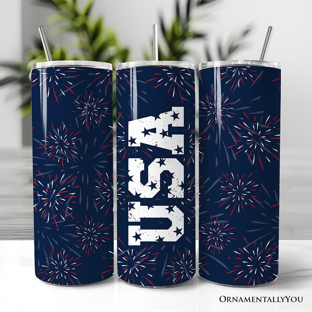 Vintage USA Block Letters 20oz Personalized Tumbler With Lid and Stainless Steel Straw, Patriotic Fireworks for Independence Day Gift Cup Tumbler OrnamentallyYou Non-Customized 