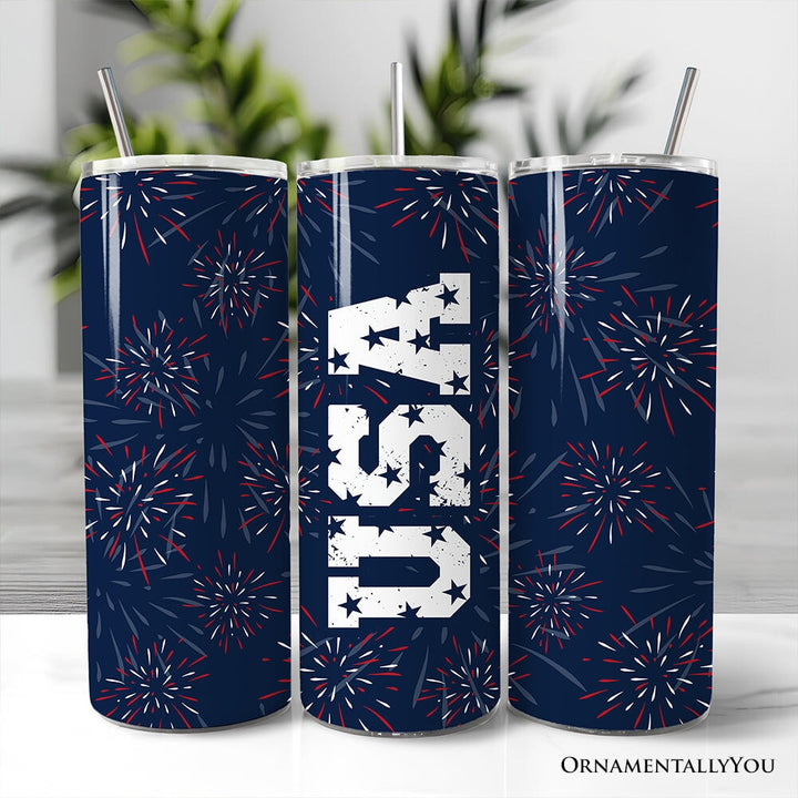 Vintage USA Block Letters 20oz Personalized Tumbler With Lid and Stainless Steel Straw, Patriotic Fireworks for Independence Day Gift Cup Tumbler OrnamentallyYou Non-Customized 
