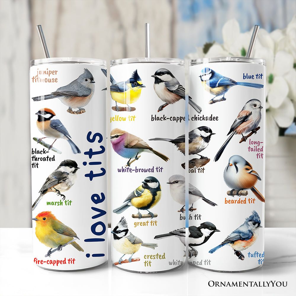 Whimsical Bird Tit 20oz Personalized Tumbler With Lid and Stainless Steel Straw, Funny Birdwatcher Gift Cup