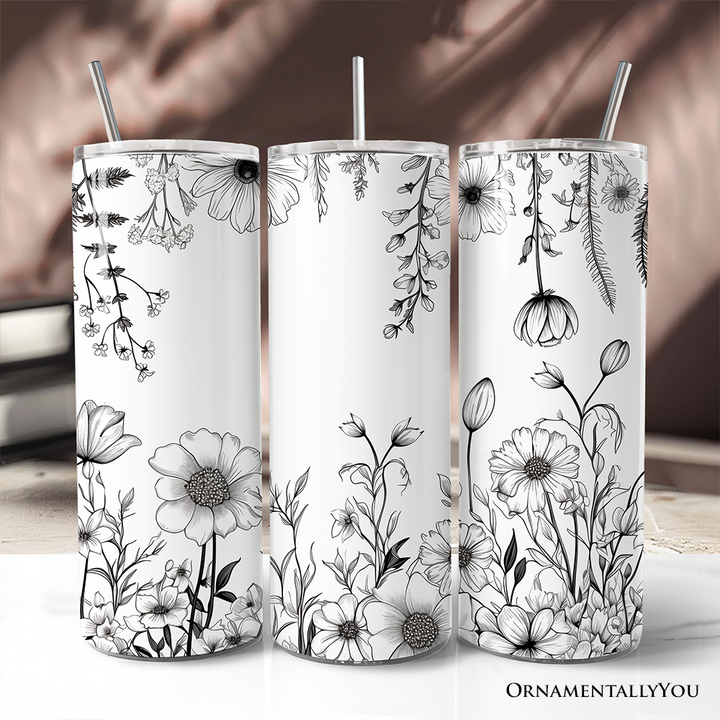 White and Black Wild Flowers Tumbler With Lid and Stainless Steel Straw, Beautiful Spring Travel Mug Gift