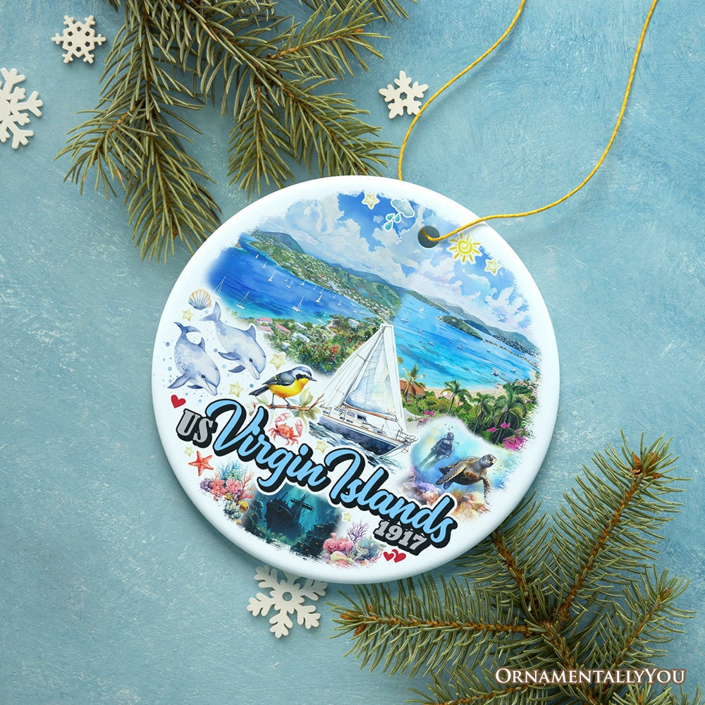 Artistic US Virgin Islands Ornament, Tropical Beach Paradise in Atlantic Ocean Christmas Souvenir Ceramic Ornament OrnamentallyYou Circle 