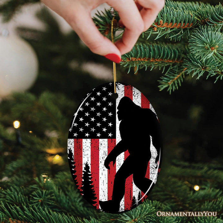 Bigfoot American Flag Ornament, Patriotic Sasquatch Gift and Tree Decor
