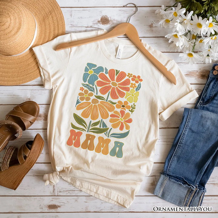 Boho Floral Mama T-Shirt, Natural and White Tee Large Flowers for Modern Moms