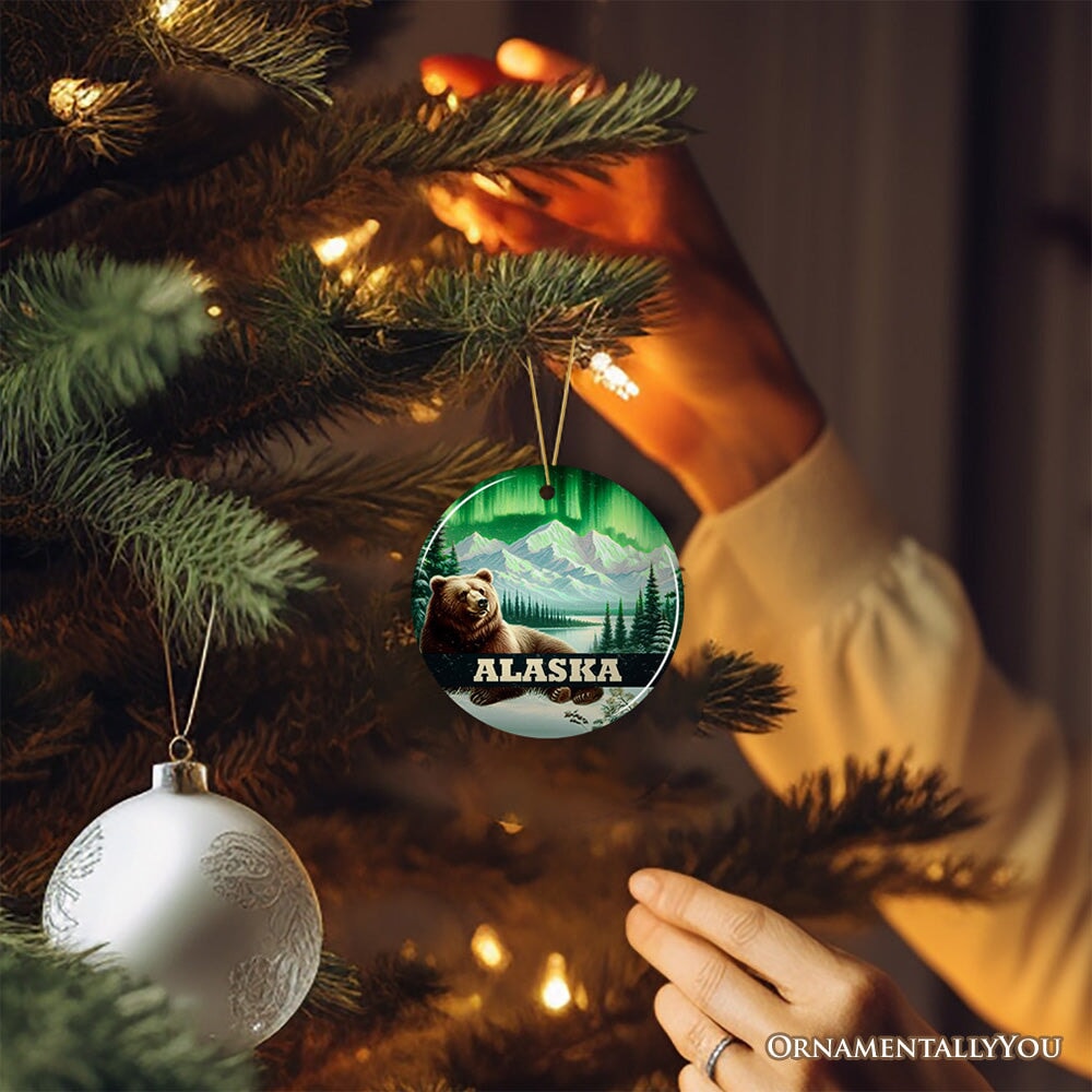 Majestic Alaska Wilderness Vintage Ornament, Northern Lights Grizzly Bear Christmas Gift and Nature Souvenir Ceramic Ornament OrnamentallyYou 