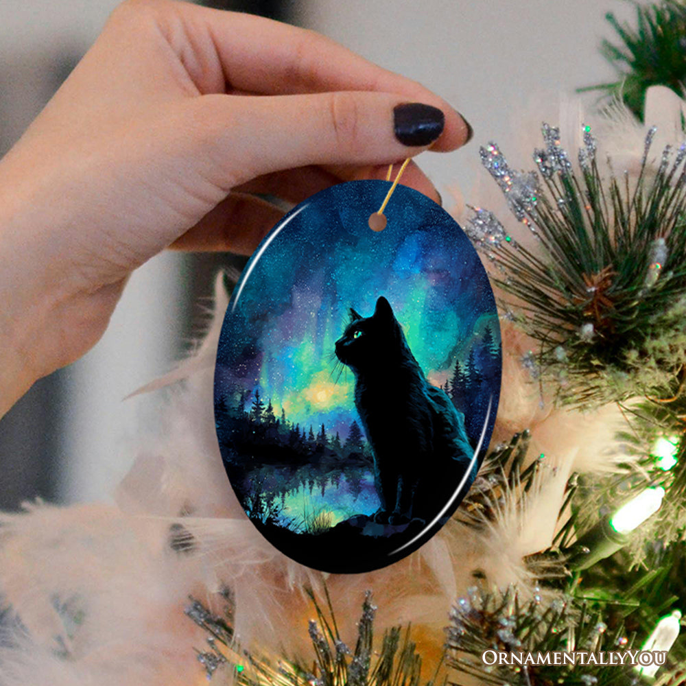 Mystic Aurora Cat Ceramic Ornament, Northern Lights Feline Gift and Tree Decor