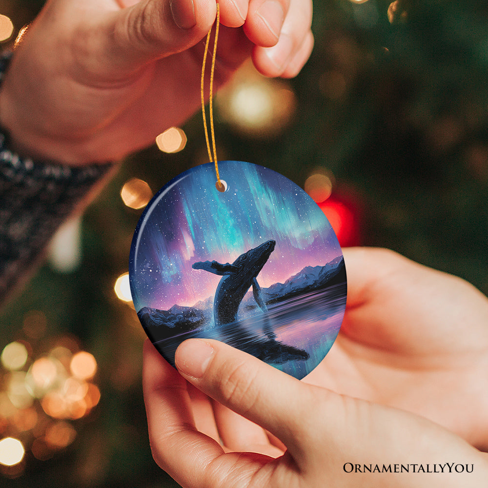 Ocean Aurora Whale Ceramic Ornament, Northern Lights Wildlife Gift and Tree Decor