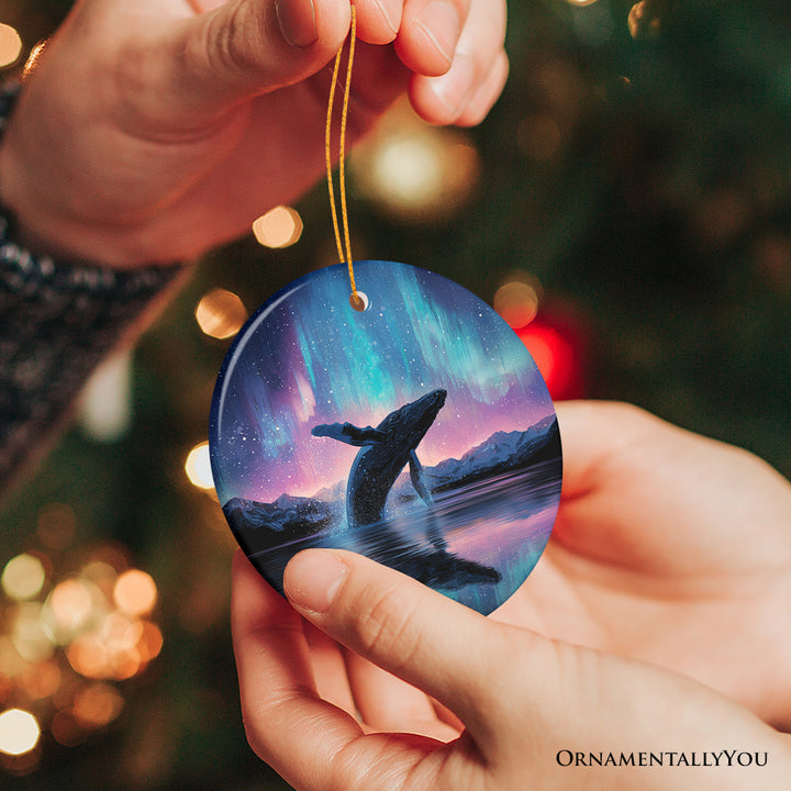 Ocean Aurora Whale Ceramic Ornament, Northern Lights Wildlife Gift and Tree Decor