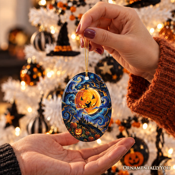 Spooky Starry Night Pumpkin Moon Ornament, Witch and Ghost Halloween Keepsake