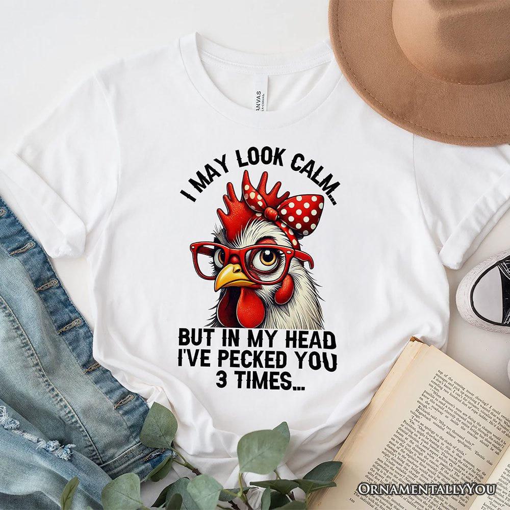 Pecking Chicken T-Shirt, Red Glasses and Bow White Tee for Sassy Women T-Shirts OrnamentallyYou White XS 