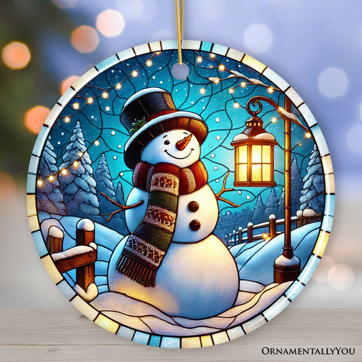 Serene Lantern Light Snowman with Top Hat Ornament, Gift for Joyful Winter Tranquility Decor Ceramic Ornament OrnamentallyYou Circle Version 1 