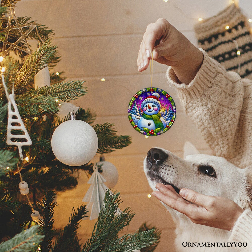 Snowman with Holly Stained Glass Style Ceramic Ornament, Christmas Gift and Decor Ceramic Ornament OrnamentallyYou 