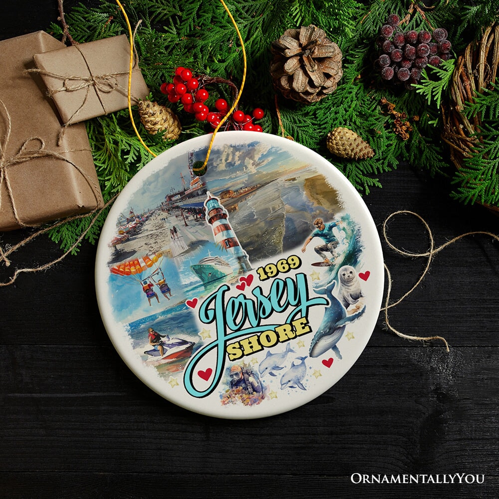 Vibrant Jersey Shore Ceramic Ornament, Tropical New Jersey Vacation in Atlantic Ocean Christmas Souvenir Ceramic Ornament OrnamentallyYou Circle 