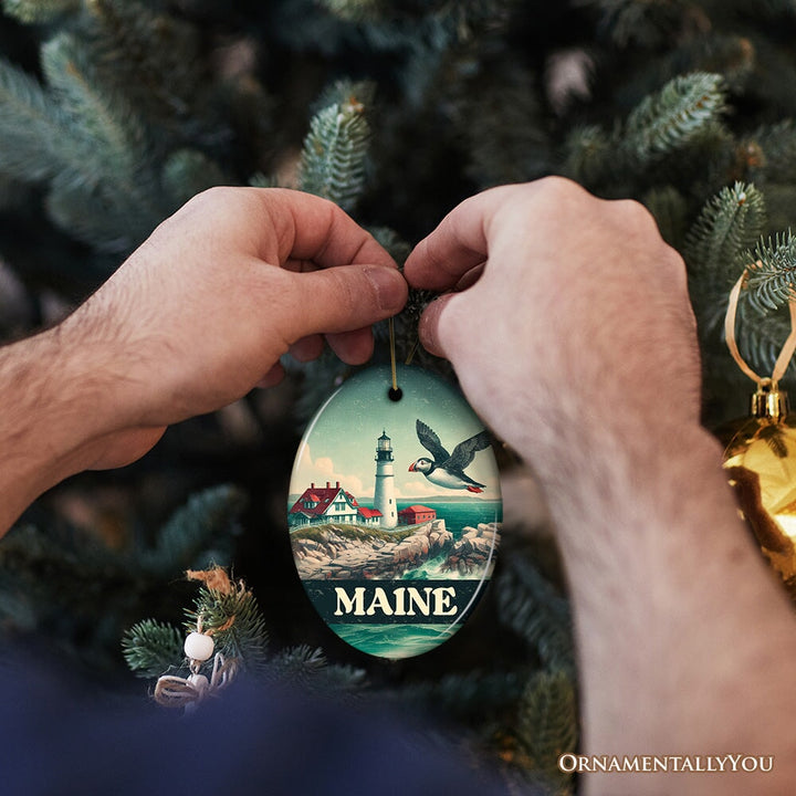 Vintage Maine Lighthouse and Puffin Ornament, New England Coastal Christmas Gift and Seaside Souvenir Ceramic Ornament OrnamentallyYou 