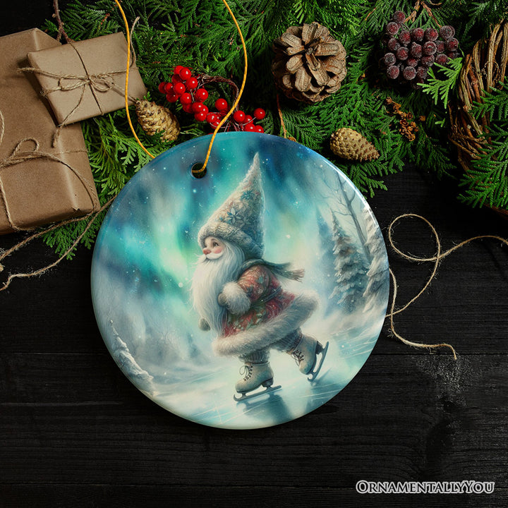Whimsical Skater Gnome on Ice Ceramic Ornament, Magical Night Christmas Gift and Tree Decor