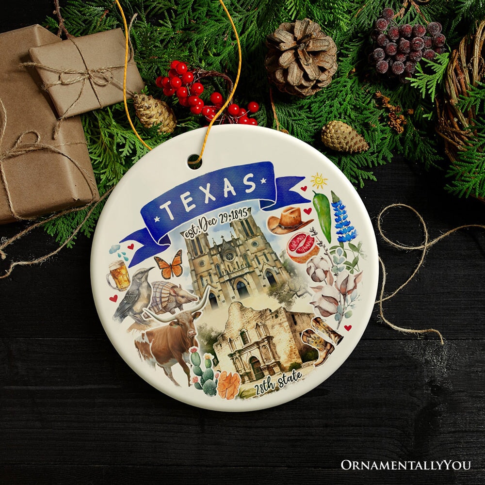 Artistic Texas State Themes and Landmarks Christmas Ornament Ceramic Ornament OrnamentallyYou Circle 